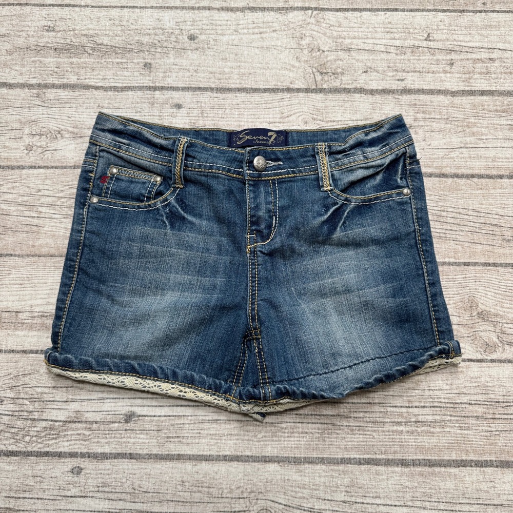Seven7 Denim Shorts Youth 12 Blue Dark Wash Denim Lace Trim Stretch Summer Chic
